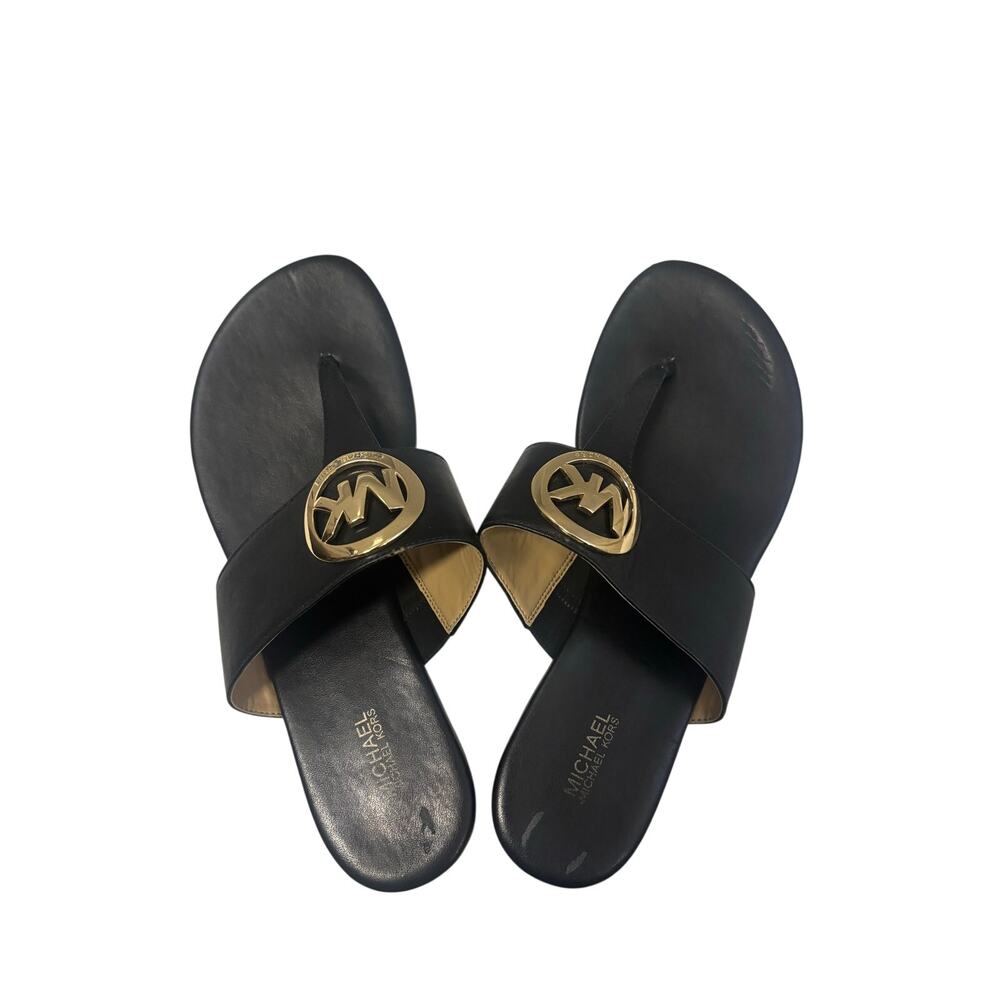 Michael Kors MK Logo Black Leather Thong Sandals Women’s 10M Gold Hardware